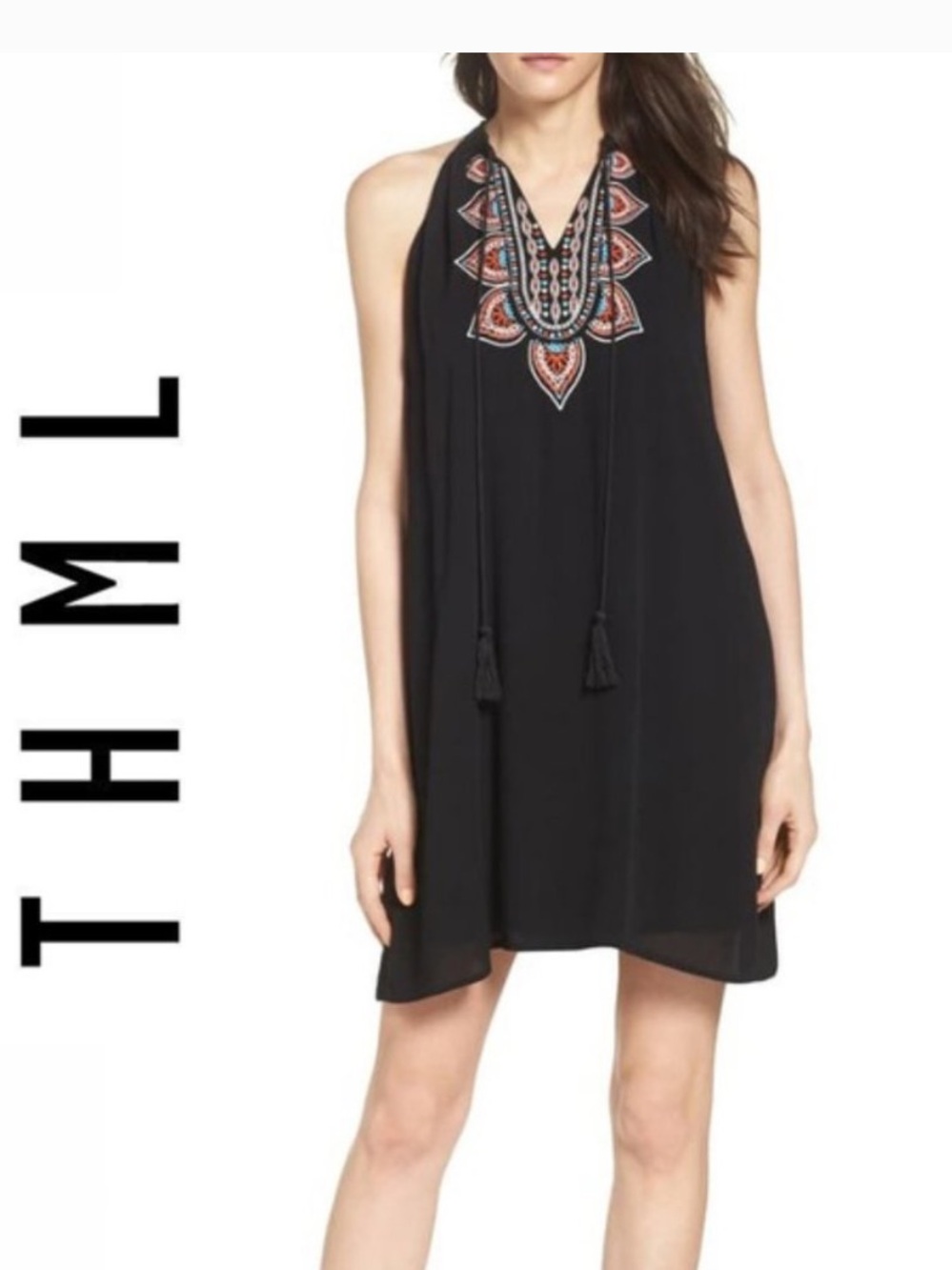 THML Black Embroidered Tassle Shift Dress Medium
